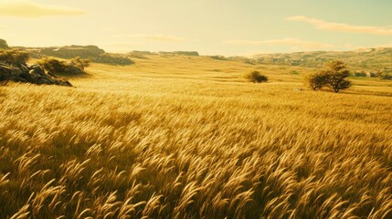 Obraz premium Golden Grassy Field Under Golden Sunlight: A Breathtaking Landscape Painting