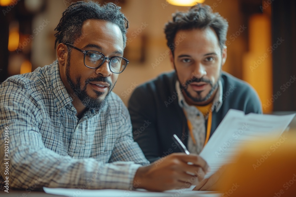 Aufkleber two businessmen examining papers and contracts at a table