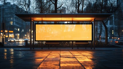 Blank Billboard at Night. A large, blank billboard at a bus stop glows under the soft light of street lamps on a rainy night. The perfect space for your advertisement. 