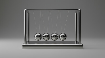 Newton's cradle with metallic spheres in motion, illustrating physics, momentum, and balance. Minimalist design, concept of energy transfer, and scientific principles for education or decor
