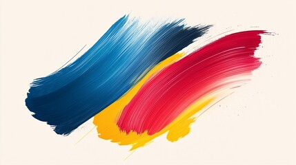 Abstract painting with vibrant red, blue, and yellow brush strokes on a light background