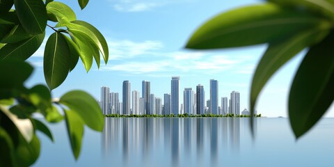 A vibrant skyline with modern skyscrapers reflects in calm waters, framed by lush green leaves under a clear blue sky.