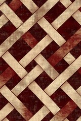 Fototapeta premium Abstract vintage woven diagonal pattern in red and beige tones, resembling a rustic textile
