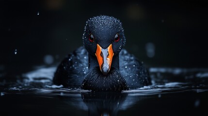 Close-up of a black waterfowl duck with an orange beak and red eyes, wet from water droplets, in dim light