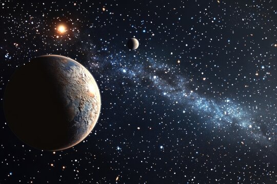 A planet and a star in the clear night sky, great for space-themed visuals