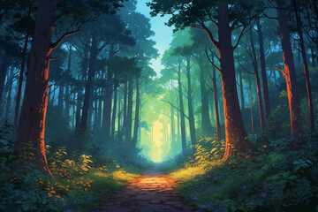 Fototapeta premium Enchanted forest at twilight, vibrant sky colors, glowing rays through leaves, soft mist atmosphere in anime style