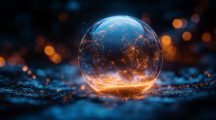 Glass sphere reflecting cosmic light patterns on dark surface, mystical divination concept