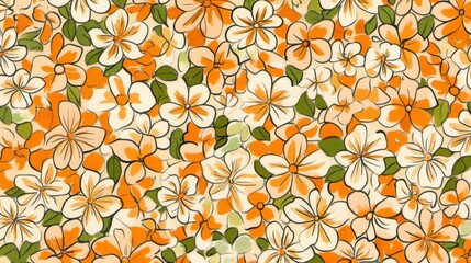 A Whimsical Floral Print Design with Orange and Cream Flowers.  A Retro and Vintage Pattern for Fabric, Wallpaper, or Home Decor.  A Beautiful Floral Illustration for Any Creative Project.