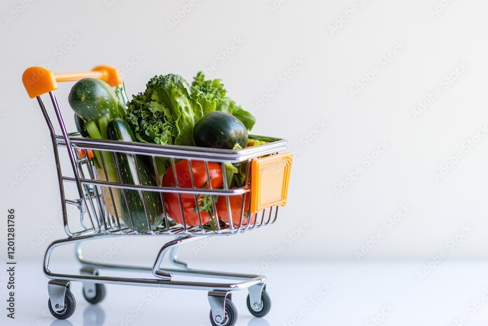 Poster fresh produce displayed on a table with a cart full of vegetables, suitable for grocery store or mar