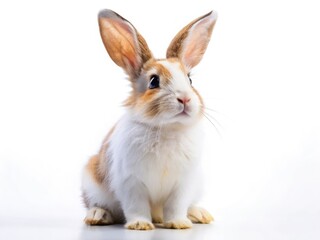 Fototapeta premium Adorable white bunny, brown ears perked, stands on hind legs, sniffing.