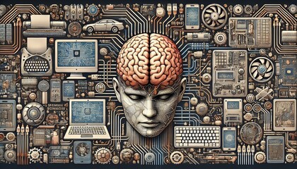 Illustration of a human head with exposed brain, surrounded by electronic devices and circuits, representing artificial intelligence and technology.
