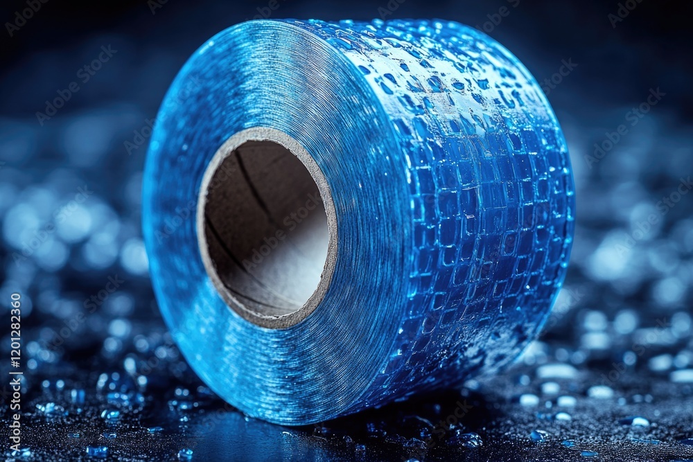 Poster roll of blue tape sits on a table, ready for use