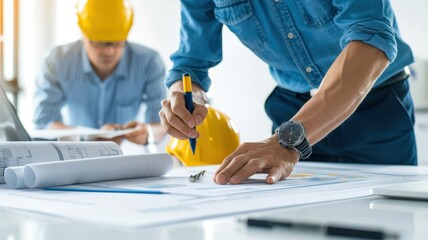 Construction professionals review blueprints while wearing safety helmets in a modern office setting.