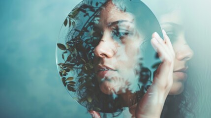 Double Exposure Portrait with Woman Holding Mirror Reflecting Foliage