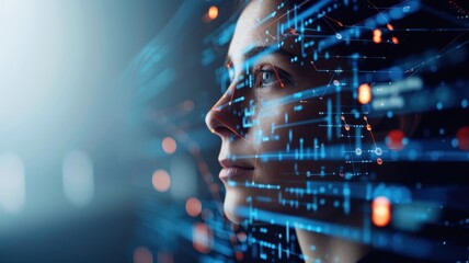 A close-up of a woman’s face with digital data overlay, symbolizing technology, innovation, and connectivity in a futuristic setting.