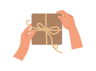Hands holding a holiday gift, gift in hands, wrapping a Christmas gift box, Christmas, New Year or birthday celebration concept. Flat vector illustration isolated.