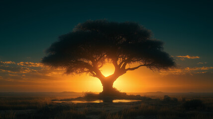Sunrise Silhouette: A majestic tree stands silhouetted against a vibrant sunrise, its branches reaching towards the fiery orb, creating a breathtaking spectacle of nature's artistry.