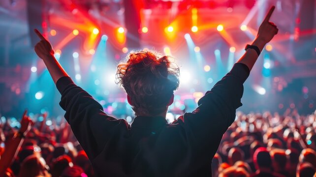 A person with curly hair raises their arms in celebration at a vibrant concert, surrounded by a cheering crowd and colorful stage lights.
