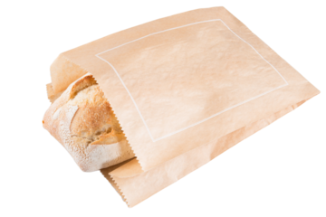 Fresh baguette french in brown paper bag on png isolated white background transparent in top view