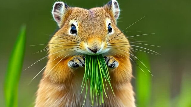 Small brown and white rabbit is eating grass. The rabbit is looking at the camera with a curious expression