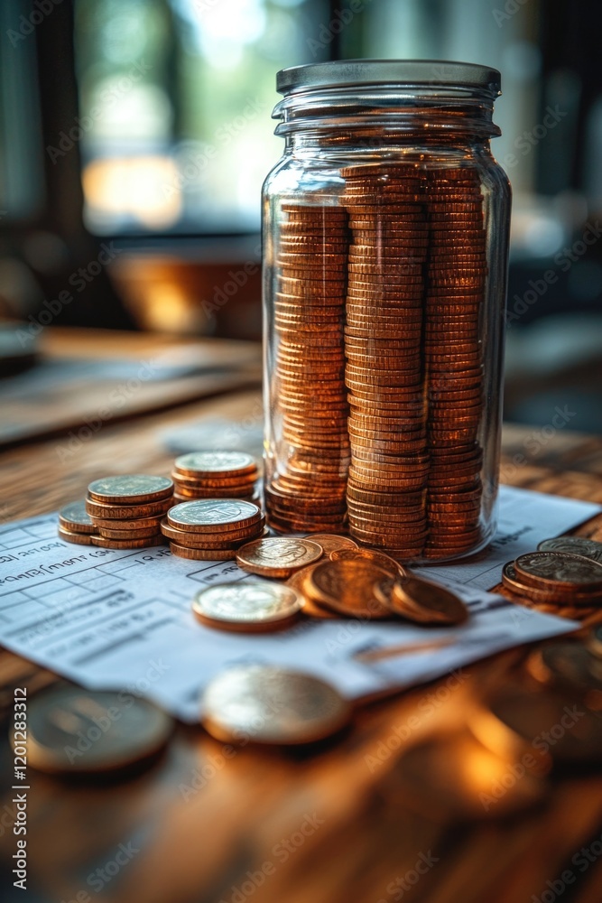 Poster a jar filled with coins sits on a table, perfect for use in still life or financial context images