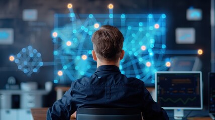 A focused professional analyzes data visualizations on a computer screen, with digital graphics projecting insights in a modern workspace.