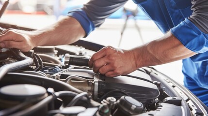 In garage workshop, a mechanic is thoroughly inspecting a car engine using a flashlight, paying close attention to every detail while surrounded by various tools and car parts scattered around the wor
