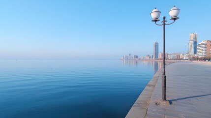 Serene coastal city at sunrise