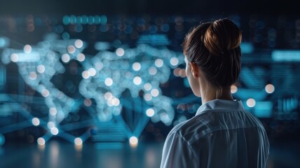 A woman analyzes a digital map with glowing connections, representing data and technology in a modern workspace.