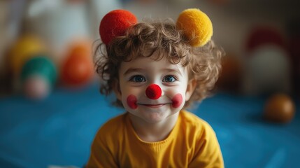 Fototapeta premium A little boy in a clown costume celebrates April Fools' Day. A child boy in a bright holiday costume with a smile on his face. A little clown.