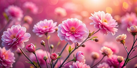 Obraz premium A miniature fairy garden thrives amidst blooming pink flowers, bathed in soft, tilt-shift focus and a serene gradient.