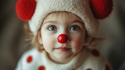 Fototapeta premium A little girl in a clown costume celebrates April Fools' Day. A child girl in a bright holiday costume with a smile on her face. A little clown.