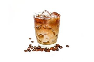 Ready for drink Americano ice coffee put on sack and coffee beans spread in white background and isolate concept.