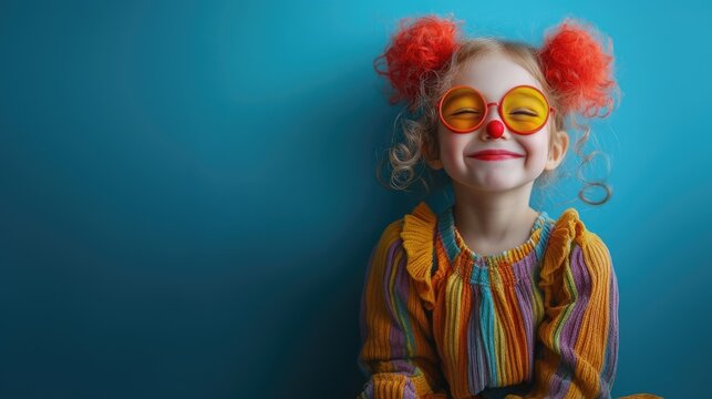A little girl in a clown costume celebrates April Fools' Day. A child girl in a bright holiday costume with a smile on her face. A little clown.