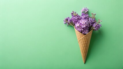 A minimalist summer flat lay: a purple flower adorns a low-light ice cream cone.