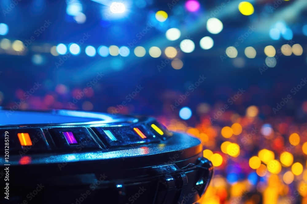 Poster A close-up view of a DJ spinning records in front of an enthusiastic crowd