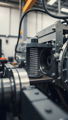Fototapeta premium High precision automotive and industrial spring making machine in industry factory. Smart industry factory concept, studio photography, with white tones