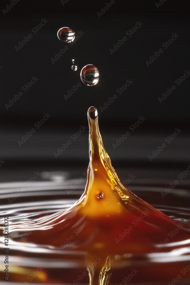 Poster a single water droplet falls into the water surface, creating ripples and waves