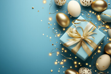 Luxurious Easter celebration with golden eggs and festive lights. copy space on the left.
