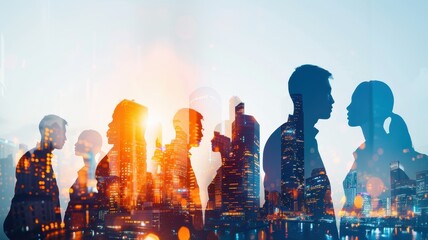 Silhouettes of people against a vibrant city skyline during sunset, conveying themes of connection and urban life.