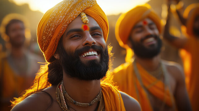 Close up of smiling men in Indian national costumes. Men in colorful Indian attire and turban at a festival.