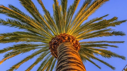 Obraz premium Majestic Palm Tree Reaching for the Sky: A Stunning View of Tropical Greenery