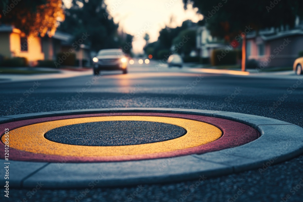 Poster a circular traffic sign with yellow and red colors on a street, indicating caution or warning