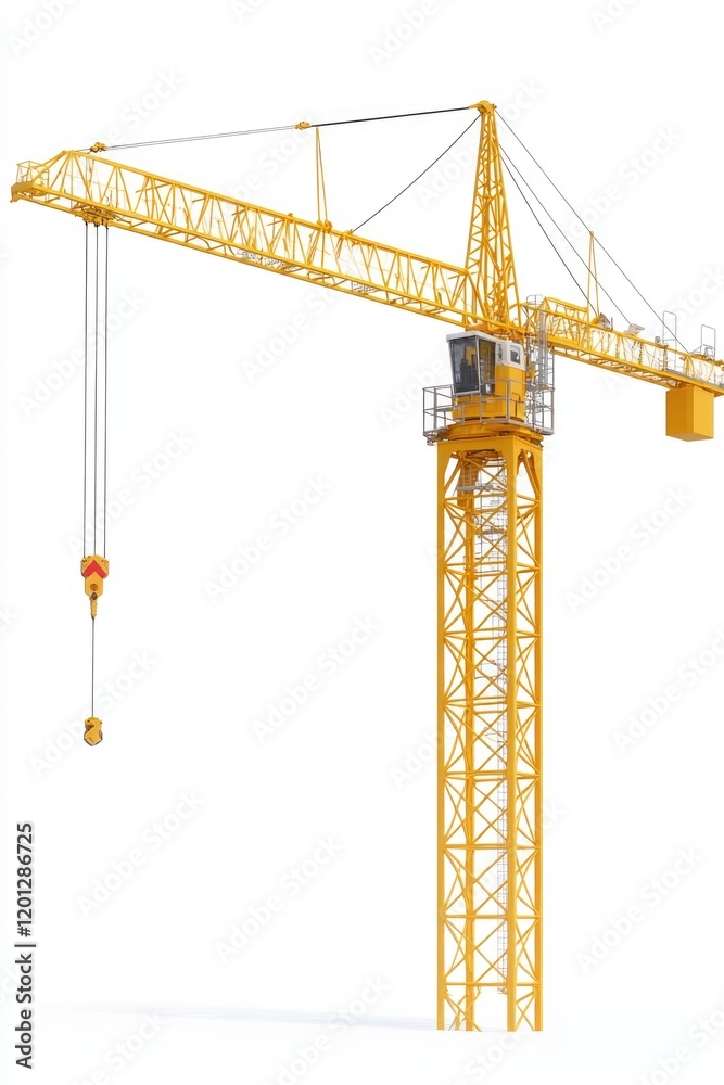 Poster a yellow crane lifting a red object from the ground