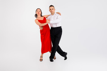 Full length photo of sensual tempting lady guy dressed glamour clothes enjoying dancing rumba empty...