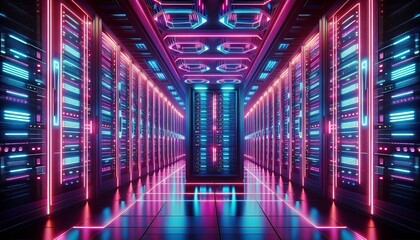 Futuristic data center with neon-lit server racks showcasing advanced technology and digital infrastructure.