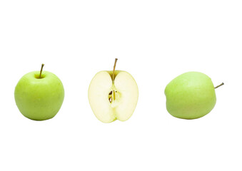 Green apple. Apples on white background. Whole, half, slice green apple set with clipping path.
