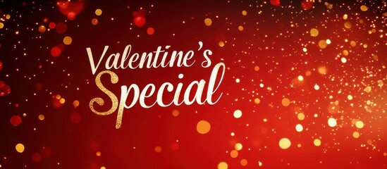 Scarlet Glow rich scarlet background adorned with scattered golden glitter specks, "Valentine's Special" in a big serif white font with glowing gold accents, strikingly captivating.