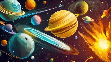 Fototapeta premium Group of planets aligned in the sky with a shining star in the background