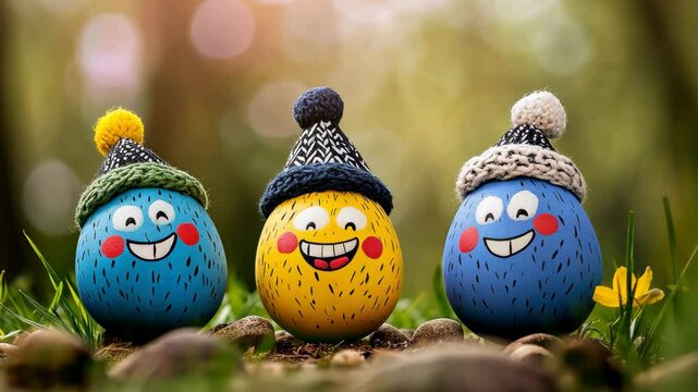 Three cartoon eggs with hats on their heads are smiling. The eggs are blue, yellow, and green